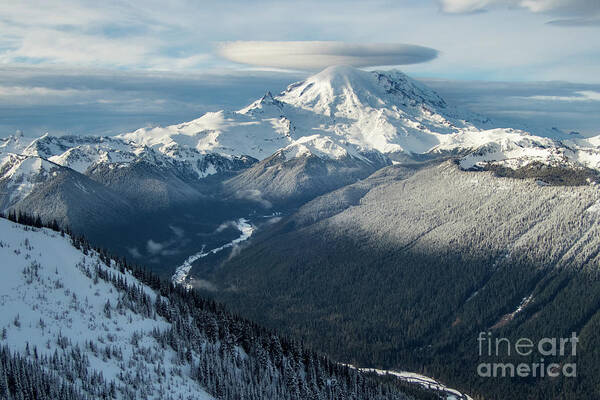 Mount Rainier Poster featuring the photograph Mount Rainier with Lenticular Cloud and White River Valley by Nancy Gleason