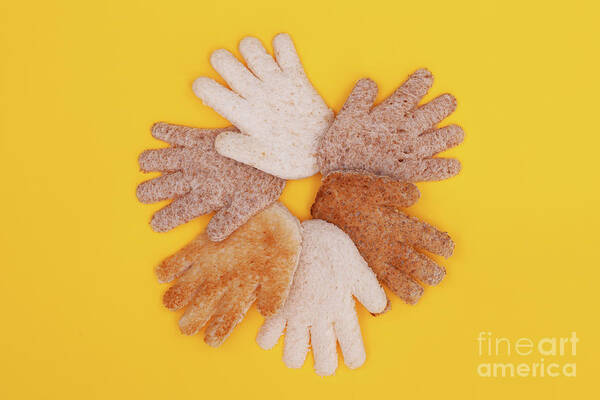 Hands Poster featuring the photograph Multicultural hands circle concept made from bread by Simon Bratt