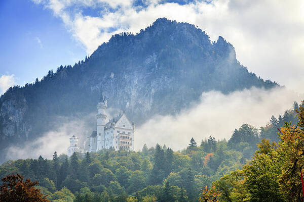 Alps Poster featuring the photograph Neuschwanstein Castle in morning fog by Alexey Stiop