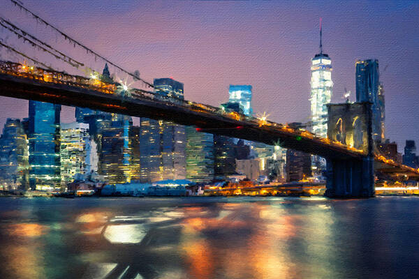 Brooklyn Poster featuring the painting New York City Brooklyn Bridge Black And Skyline by Tony Rubino