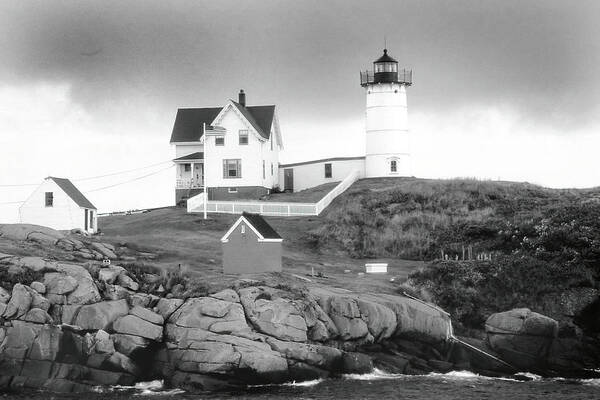 Maine Poster featuring the photograph Nubble Light, Maine in Monochrome by Jerry Griffin