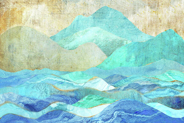 Abstract Landscape Poster featuring the digital art Ocean Blue and Mountains Too by Peggy Collins