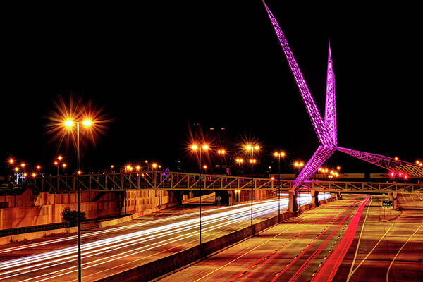 Skydance Bridge Poster featuring the photograph Oklahoma City Skydance Pedestrian Bridge At Night by Gregory Ballos