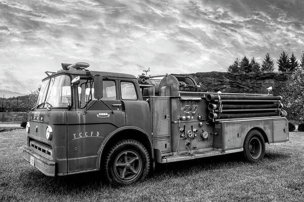 Fire Poster featuring the photograph Old Fire Truck in the Country Black and White by Debra and Dave Vanderlaan