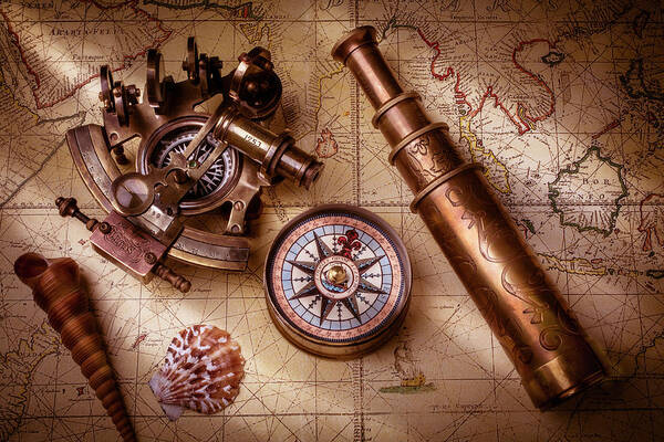 Old Map And Sextant Poster by Garry Gay - Pixels