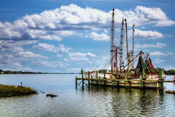 Boats Poster featuring the photograph Old Shrimp Boats in the Harbor by Debra and Dave Vanderlaan