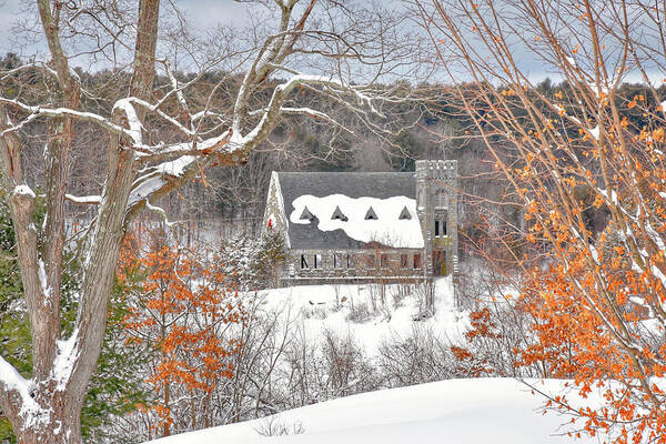 Old Poster featuring the photograph Old Stone Church in winter by Monika Salvan