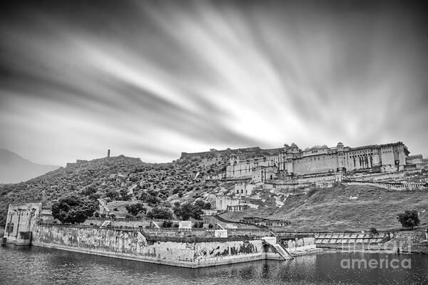 Amer Fort Poster featuring the photograph Panoramic view of Amer Fort - India Black and White by Stefano Senise