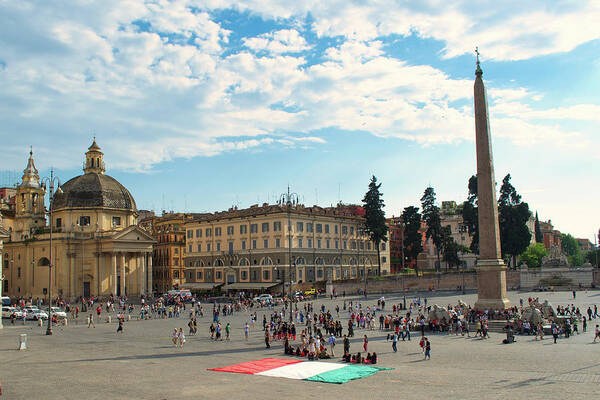 Blue Sky Poster featuring the photograph Piazza di Popolo with Italian Flag by Matthew DeGrushe