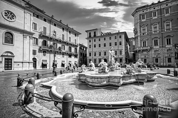 Piazza Navona Poster featuring the photograph Piazza Navona in Rome - Fontana del Moro BW by Stefano Senise