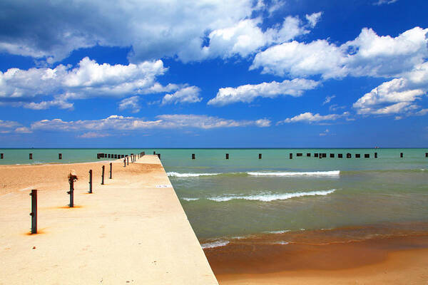 Landscape Poster featuring the photograph Pier Blue Sky Clouds Lake North Avenue Beach by Patrick Malon
