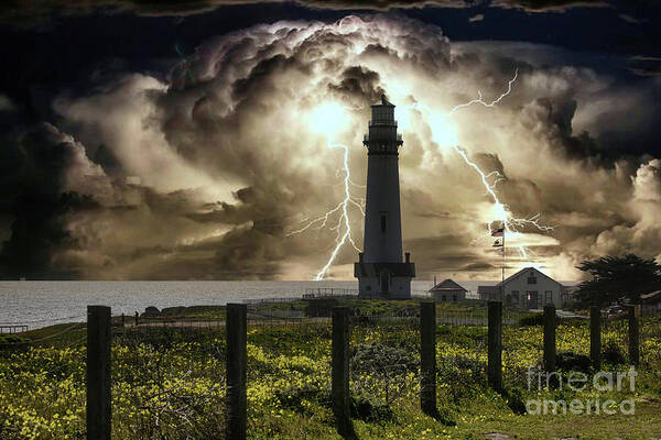 Pigeon Point Lighthouse Poster featuring the photograph Pigeon Point Lighthouse Calif Lightning Wow by Chuck Kuhn