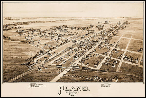 Plano Poster featuring the photograph Plano Texas Vintage Map Birds Eye View 1891 Sepia by Carol Japp