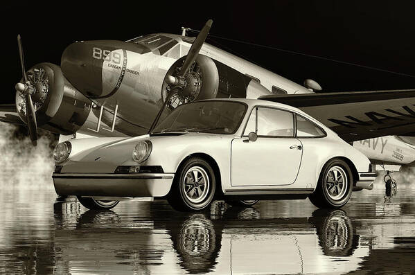 Porsche Poster featuring the digital art Porsche 911 in B and W by Jan Keteleer