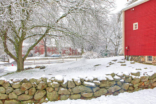 Snow Covered Poster featuring the photograph Red Barn at the Longfellows Wayside Inn by Juergen Roth