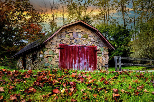 Barns Poster featuring the photograph Red Door Barn Farm Creeper Trail in Autumn Fall Colors Damascus by Debra and Dave Vanderlaan