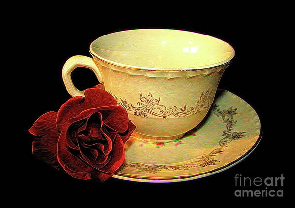 Red Rose On Antique Saucer With Matching Tea Cup Abstract Effect Poster featuring the photograph Red Rose on Antique Saucer with Matching Tea Cup Abstract Effect by Rose Santuci-Sofranko