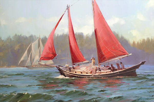 Sailboat Poster featuring the painting Red Sail Day by Steve Henderson