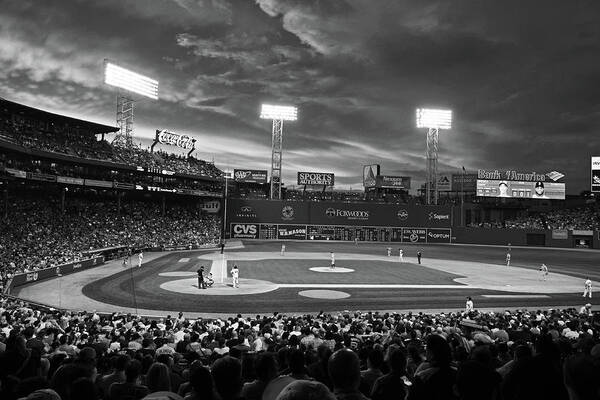 Boston Poster featuring the photograph Red Sky over Fenway Park Boston MA Black and White by Toby McGuire