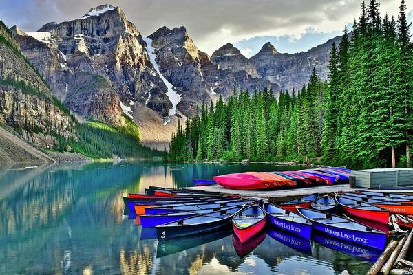 Lake Poster featuring the photograph Rugged Banff Lake Moraine Terrain by Frozen in Time Fine Art Photography