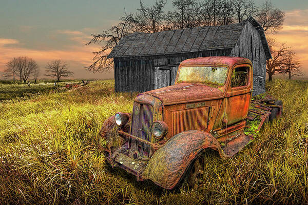 Truck Poster featuring the photograph Rusted Red Vintage Truck with Weathered Barn in a Rural Landscape by Randall Nyhof