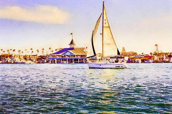 Travel Destination Poster featuring the mixed media Sailboat at Newport Beach Watercolor by Susan Rydberg