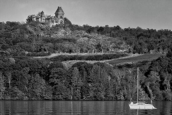 Olana Historic Site Poster featuring the photograph Sailing By Olana Mansion BW by Susan Candelario