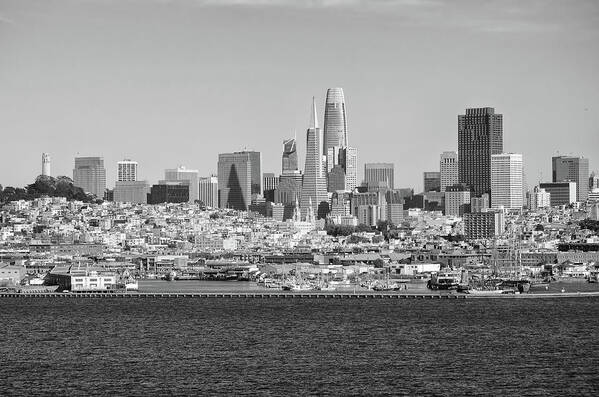 San Francisco Poster featuring the photograph San Francisco Skyline View over Fishermans Wharf at Golden Hour Black and White by Shawn O'Brien