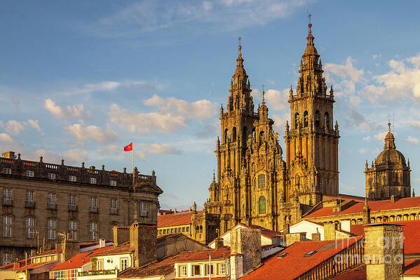 Way Poster featuring the photograph Santiago de Compostela Cathedral Towers Close Up with Sun Light Hitting the facade and Tiled Roofs La Corua Galicia by Pablo Avanzini