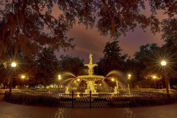 Savannah Forsyth Park Poster featuring the photograph Savannah Forsyth Park Fountain Sunset by Norma Brandsberg
