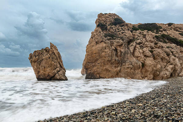 Coastline Poster featuring the photograph Seascapes with windy waves. Rock of Aphrodite Paphos Cyprus by Michalakis Ppalis