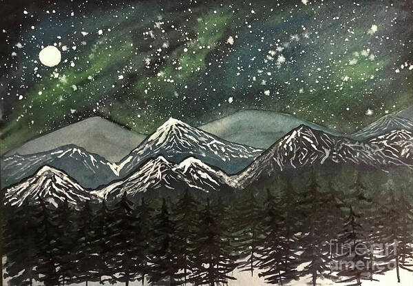 Snowy Mountains Poster featuring the painting Snowy Mountains with Aurora by Lisa Neuman