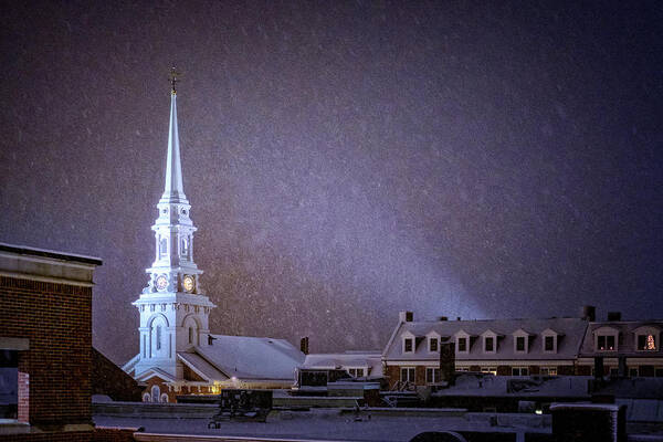 New Hampshire Poster featuring the photograph Snowy Night, North Church. by Jeff Sinon