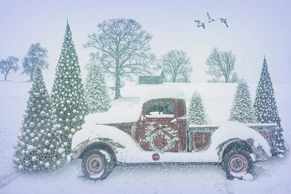 Christmas Poster featuring the photograph Snowy Pale Red Truck by Debra and Dave Vanderlaan