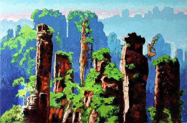 Mountains Poster featuring the painting Somewhere in China's Mountains by John Lautermilch