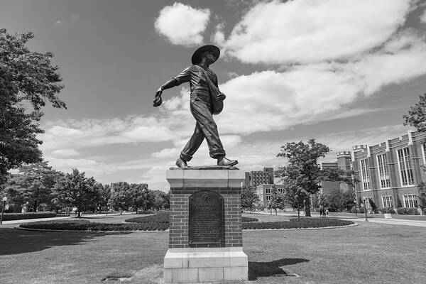 Big 12 Poster featuring the photograph Sower Statue on the campus of the University of Oklahoma in black and white by Eldon McGraw
