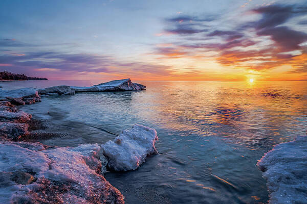 #wisconsin #outdoor #fineart #landscape #photograph #wisconsinbeauty #doorcounty #doorcountybeauty #lakemichigan #beautyofnature #winter #metalman #ice #homeandofficedecor #streamingmedia #explorewisconsin #wallart #countyparksystem #doorcountyusa #doorcountytoday #roamwisconsin #travelwisconsin #only.in.wisconsin #venturewisconsin #discoverwisconsin #1natureshot #daybreak #sunrise #iceflows #iceshoves #clouds #longexposure #wideanglelens #reflective #cold #snowandice #firstlight #trees #gossmer Poster featuring the photograph Sparkle at Dawn by David Heilman