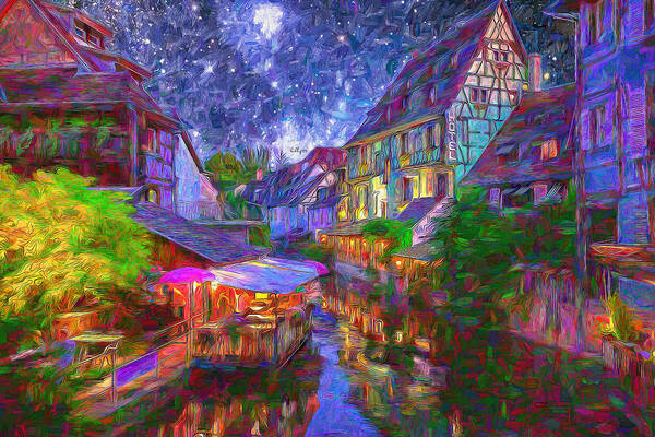 Paint Poster featuring the painting Starry night in Colmar France by Nenad Vasic