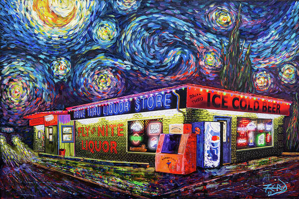 Acrylic Poster featuring the mixed media Starry Starry Fly by Nite Drive Thru Liquor Store by Robert FERD Frank