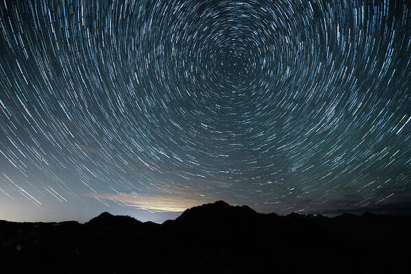 Outdoor; Milky Way; Star Trails; Mt Baker; Mt Baker Wilderness; Table Mountain; Mountains; Poster featuring the digital art StarTrail in Mt Baker by Michael Lee