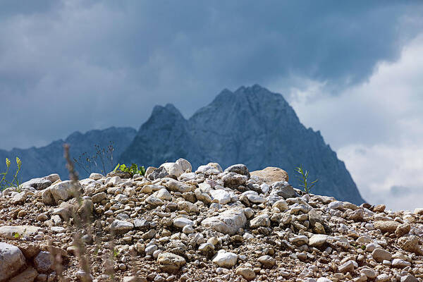 Mountains Poster featuring the photograph Stony hill with plants in front of a mountain range. by Bernhard Schaffer