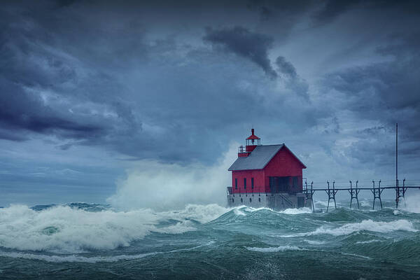 Lighthouse Poster featuring the photograph Storm at the Grand Haven Lighthouse on Lake Michigan by Randall Nyhof