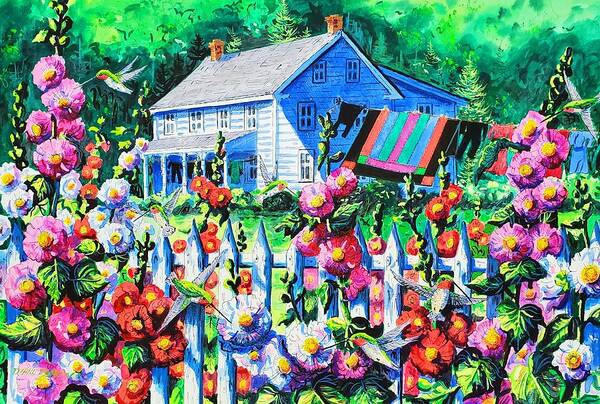 Hollyhocks Poster featuring the painting Summer Farm House and Hollyhocks by Diane Phalen