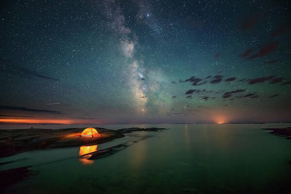 Lake Huron Poster featuring the photograph Summer midnight by Henry w Liu