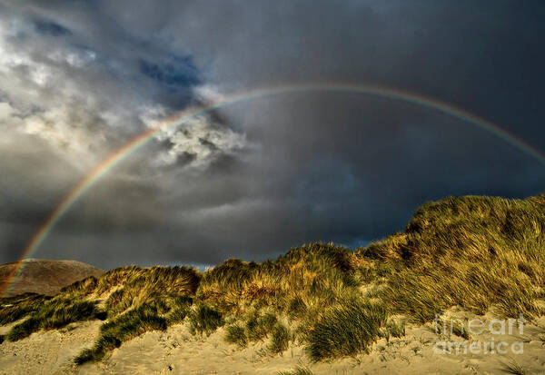 Dramatic Beauty Rainbow Sand Dunes Clouds Grass Landscape Wonderland Panoramic Beautiful West Highlands Elements Sun Rays Atmospheric Dawn Dusk Heavy Powerful Attractive Sky Stunning Delightful Magnificent Singular Transient Spectacular Glory Breath-taking Painterly Vivid Bright Vibrant Golden Autumn Colorful Yellow Artistic Inspirational Serene Tranquil Stylish Magic Poetic Striking Charming Glorious Impression Impressive Storm Thunder Hope Joy Pleasing Stimulating Rusty Fiery Thunderstorm Uk Poster featuring the photograph Storm Is Gone Away - Dramatic Beauty Of Rainbow At Sand Dunes by Tatiana Bogracheva