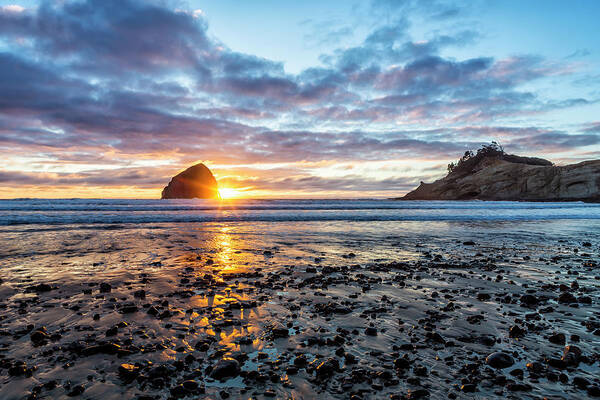 Sunset Poster featuring the photograph Sunset at Haystack Rock, Cape, Kiwanda, Pacific City, Oregon by Belinda Greb