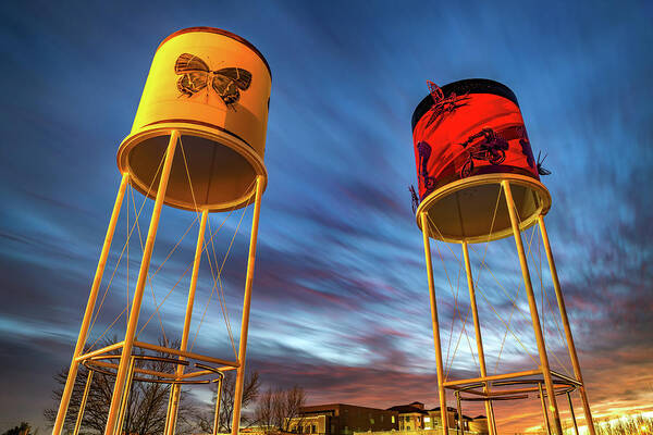 America Poster featuring the photograph Sunset At The Railyard Park Water Towers - Rogers Arkansas by Gregory Ballos