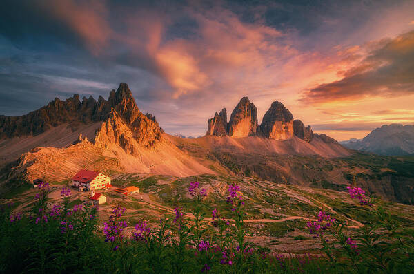 Sunset Poster featuring the photograph Sunset at Tre Cime by Henry w Liu