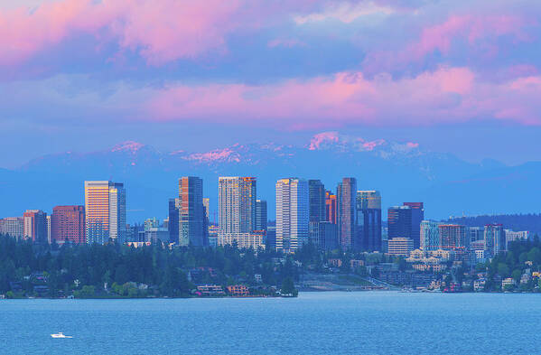 Outdoor; Lake; Cityscape; Twilight; Sunset; Downtown;bellevue; Skyline; Lake Washington; Mountains; Snow Mountains; Winter; Washington Beauty; East Portal Viewpoint; Seattle; Highrises; Poster featuring the digital art Sunset Bellevue over Lake Washington by Michael Lee