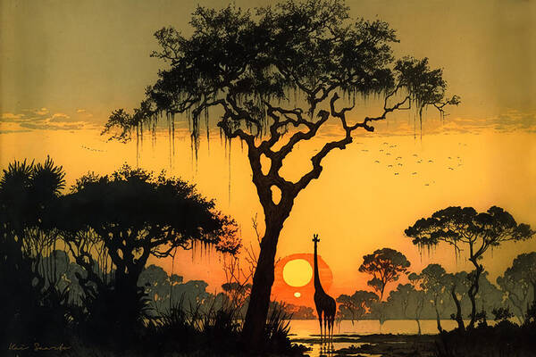 Africa Poster featuring the digital art Sunset in savannah by Kai Saarto